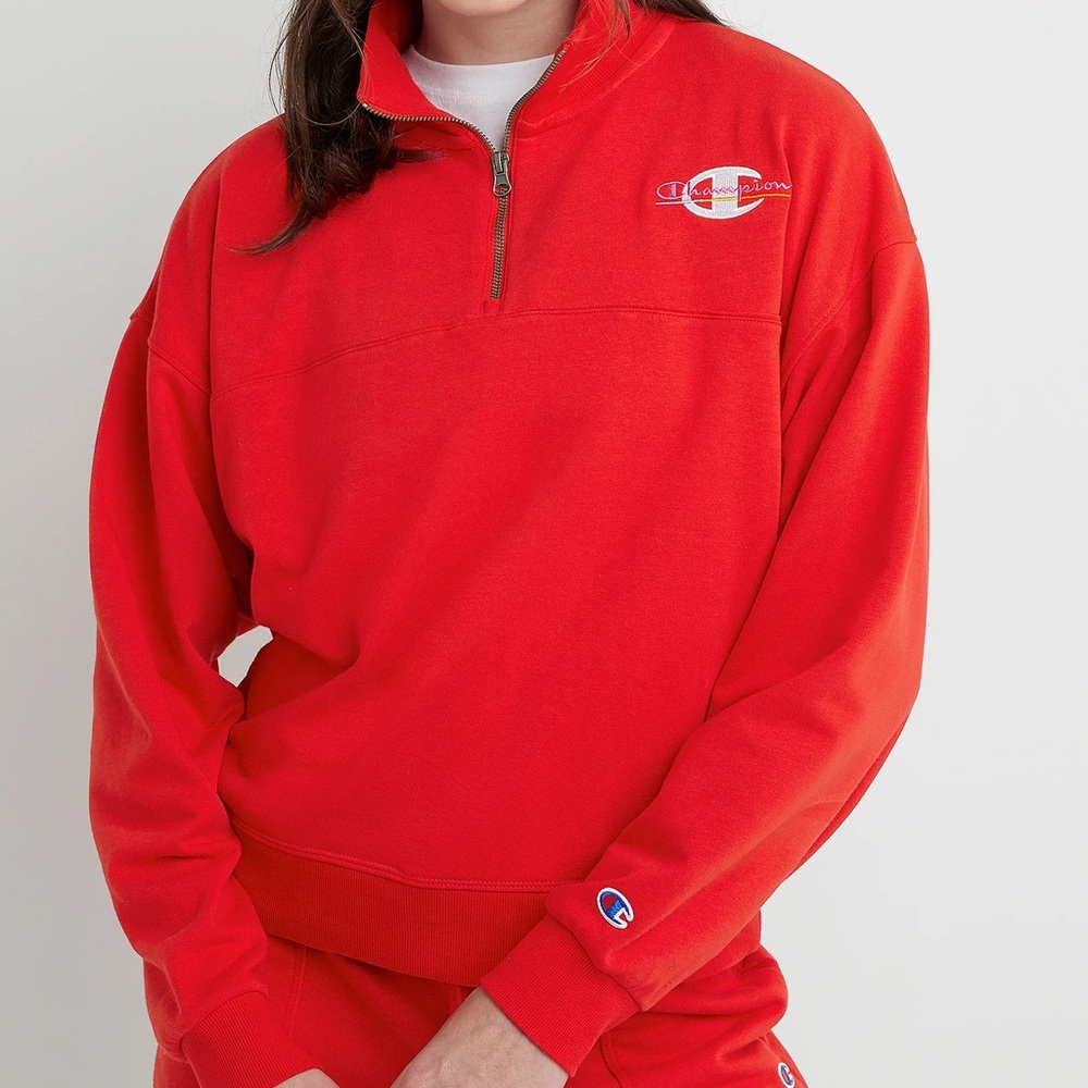 Brand New Champion Cheerful Red Campus French Terry Standard Fit Quarter Zip💖